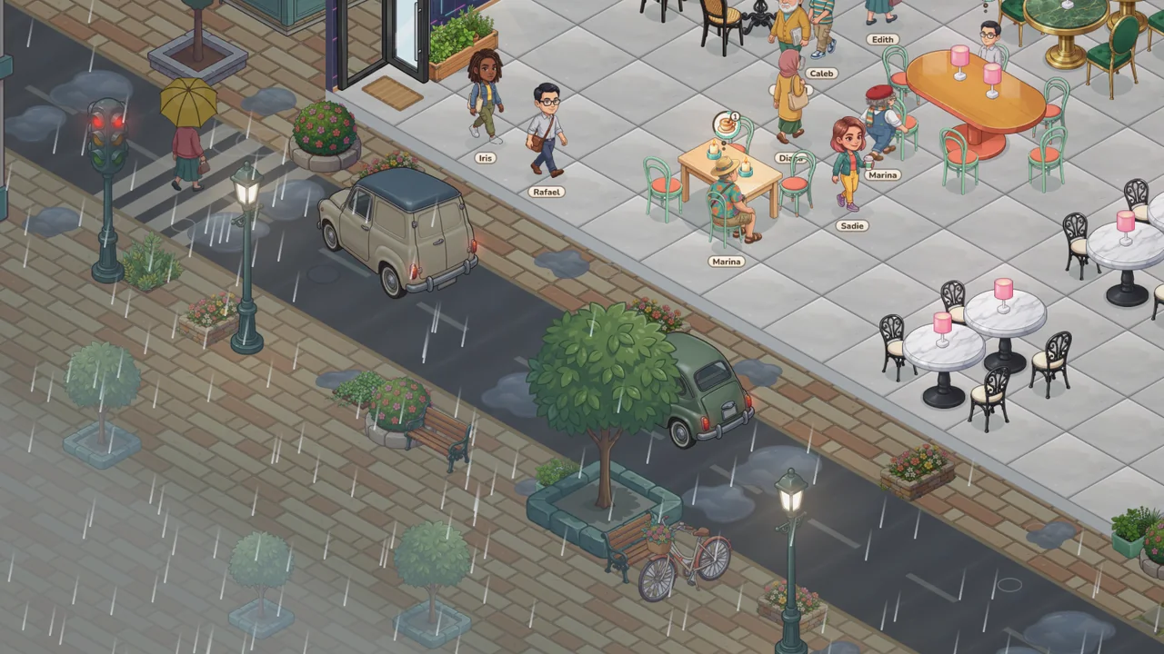 Rain on the street outside the café, a walker under a yellow umbrella and puddles by a parked car