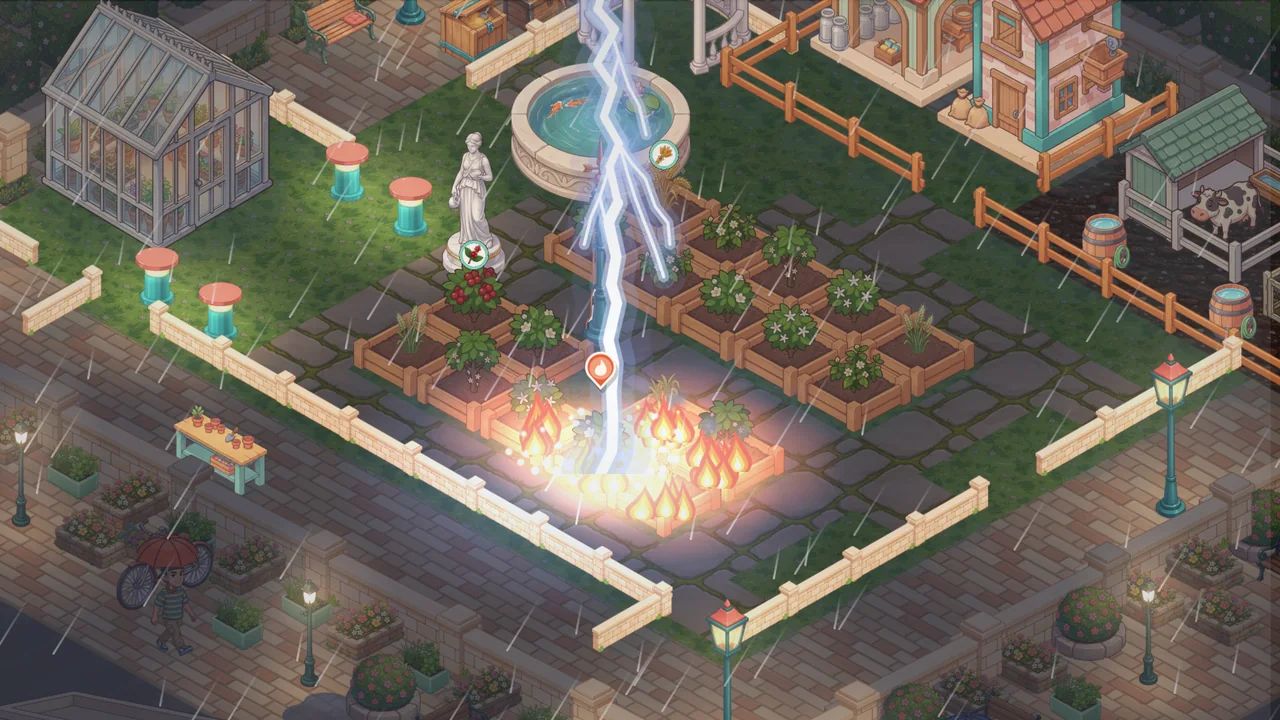 A lightning bolt strikes a garden bed at night and the crops catch fire, a lightning rod standing nearby