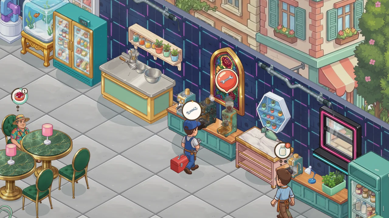 The technician, toolbox in hand, repairing a broken coffee machine at the counter