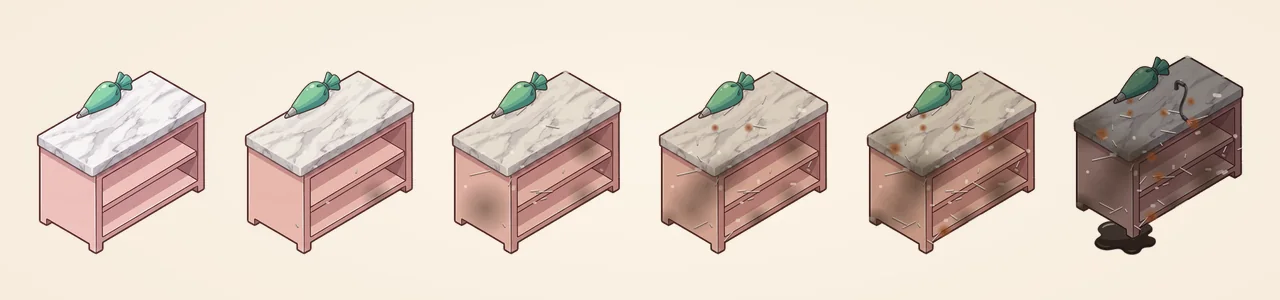 One pastry bench at each of the six wear stages, from new and clean to dark and broken, with a spill and a loose cable