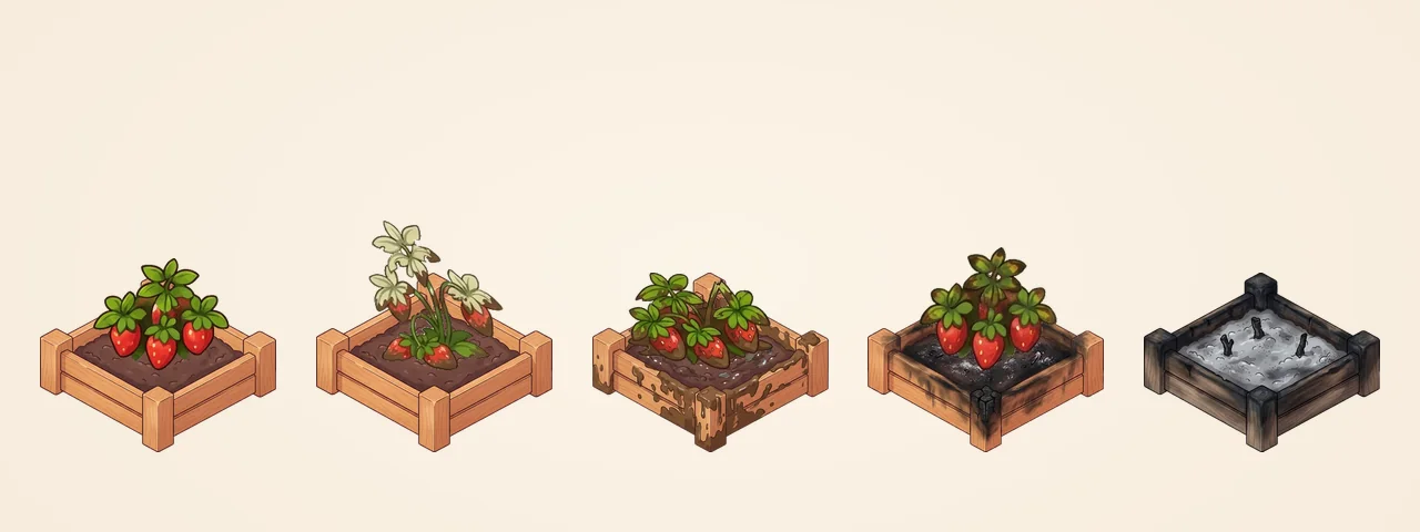 Five garden beds of strawberries in a row: healthy, battered, flattened in mud, scorched with soot, and a burnt bed of ash and black stumps.
