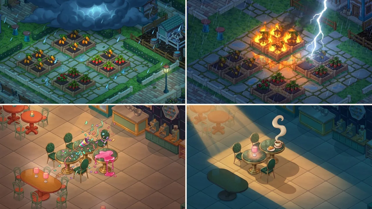 A storm cloud over the garden, lightning setting beds on fire, confetti and syrup on a café table, and one lit table with a steaming cup