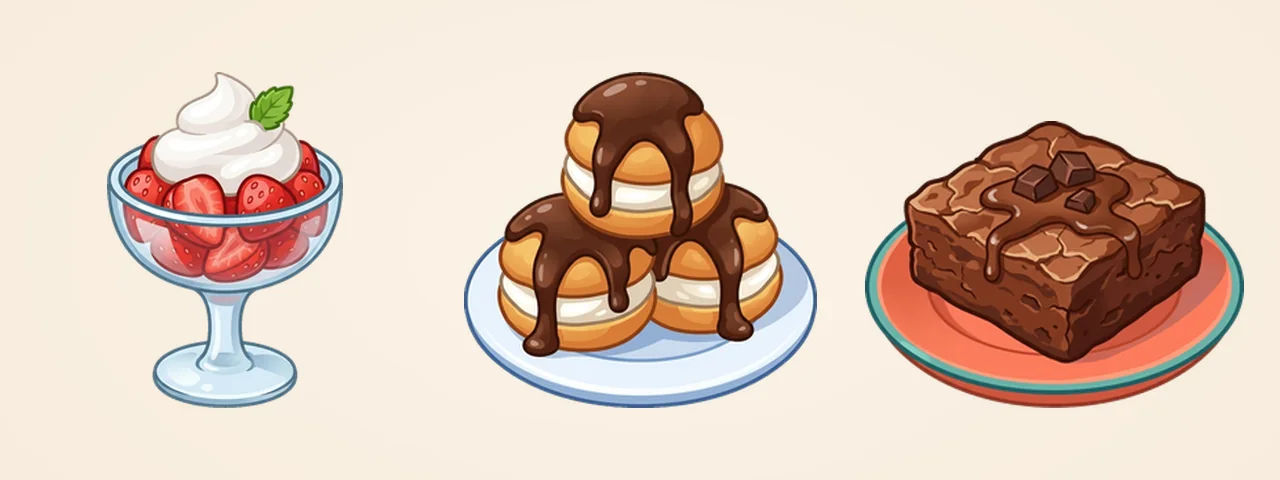 Strawberries and cream in a glass, three profiteroles under chocolate, and a brownie on a plate