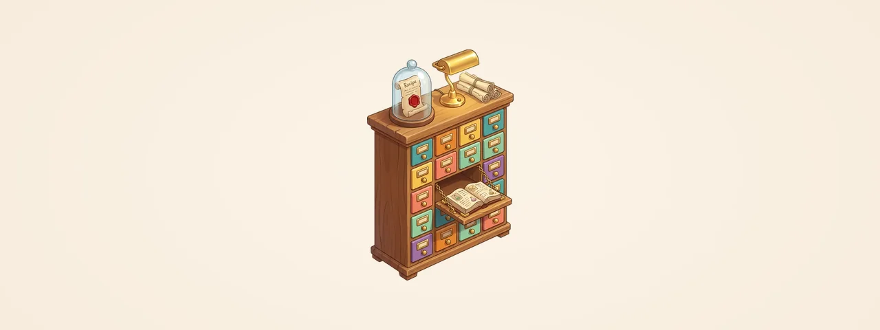 An old wooden cabinet of coloured drawers, a sealed recipe under a glass dome on top, an open recipe book on its leaf