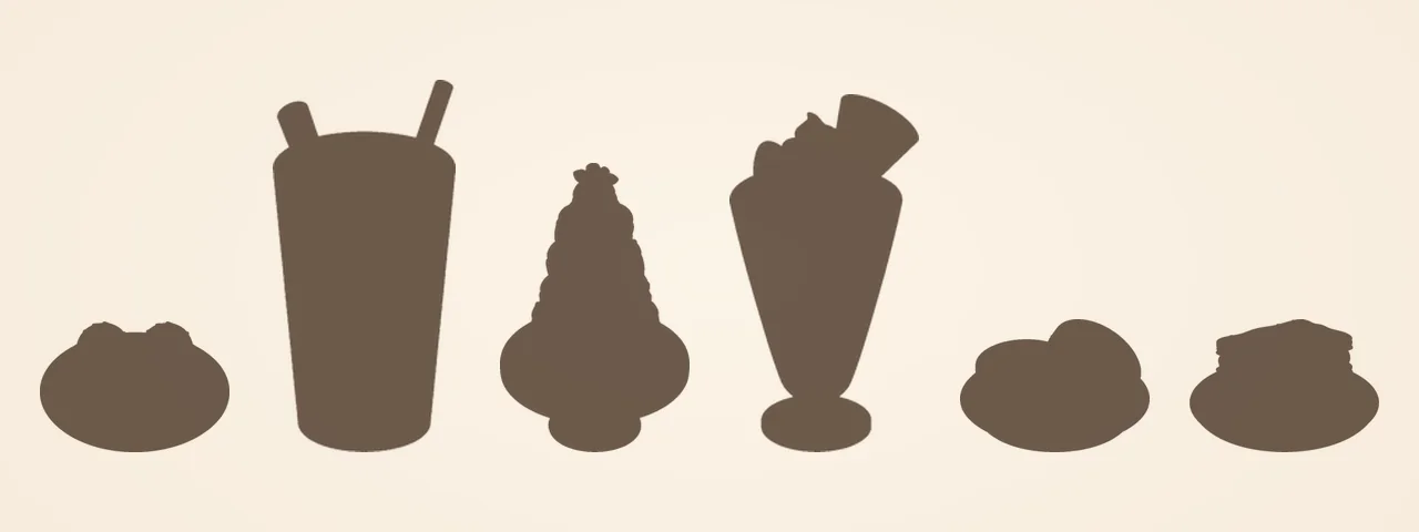 Six dishes shown only as dark silhouettes: a plate, a tall glass, a tower of pastries, a sundae glass and two more plates