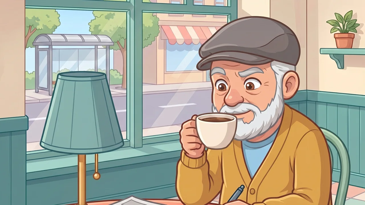 Paulo the critic at your café's window table, sipping his coffee with one eyebrow raised and his notebook open