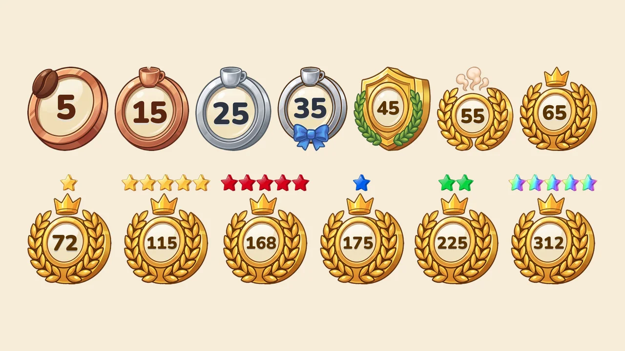 Todos os emblemas de nível em fila, da moeda de cobre no nível 5 à coroa de louros dourada no 65, e a coroa de louros de novo com estrelas douradas, rubi, safira, esmeralda e de arco-íris