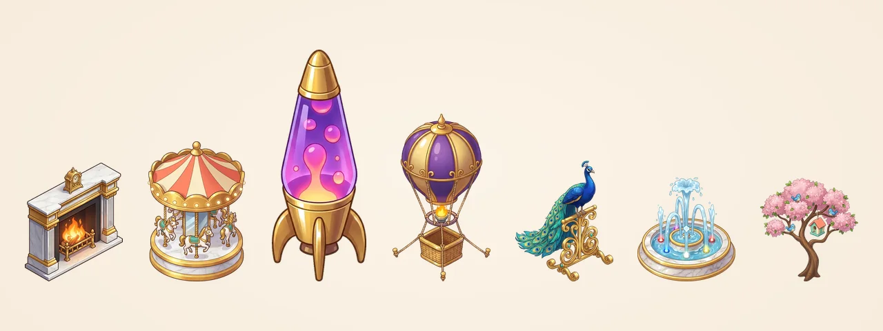 The new animated pieces side by side: a marble fireplace, a golden carousel, a lava lamp, a hot-air balloon, a peacock, a dancing fountain and a blossom tree with bluebirds