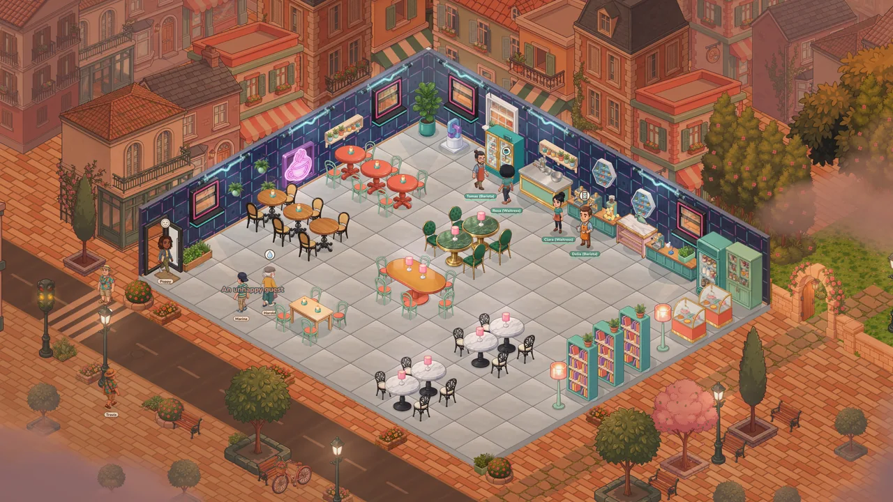 A player's café at dusk